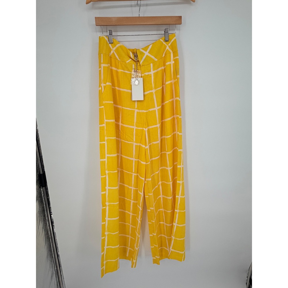 Moon‎ River Yellow White Windowpane Grid Wide High Waist Pants Large NEW anthro